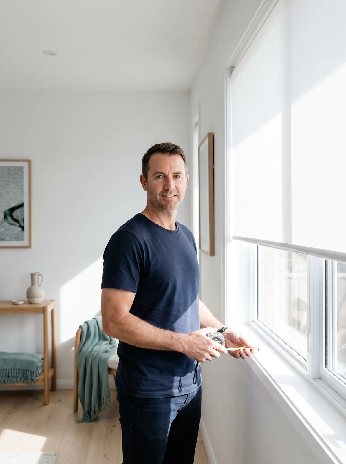 Installer with a tape measure standing beside a bright window with a roller blind