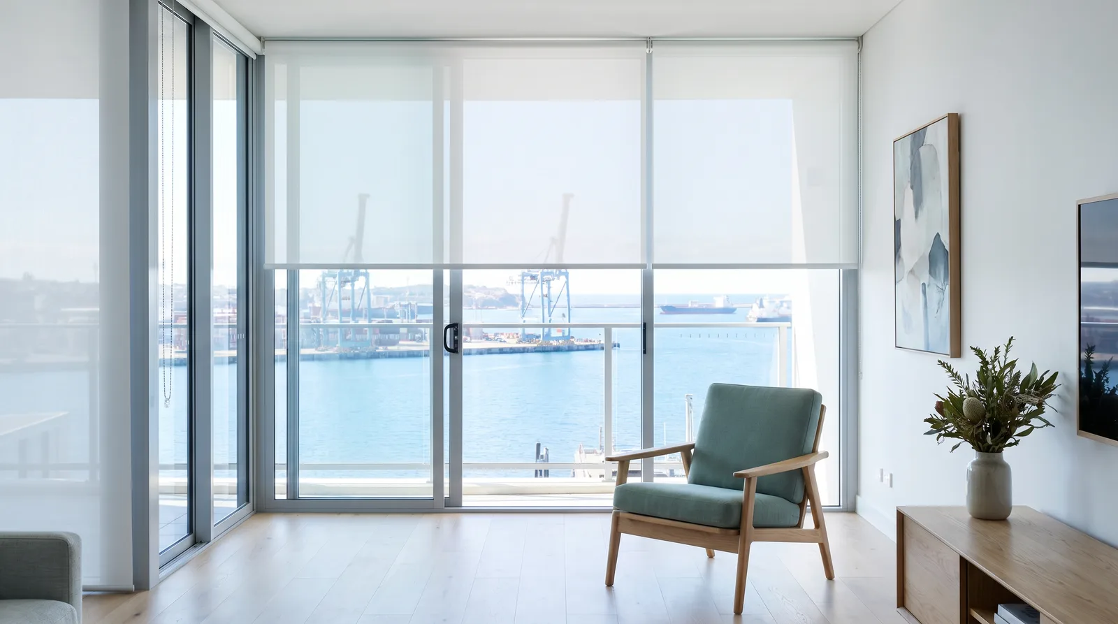 Harbour view still visible through lowered sheer blinds in a glass-walled apartment
