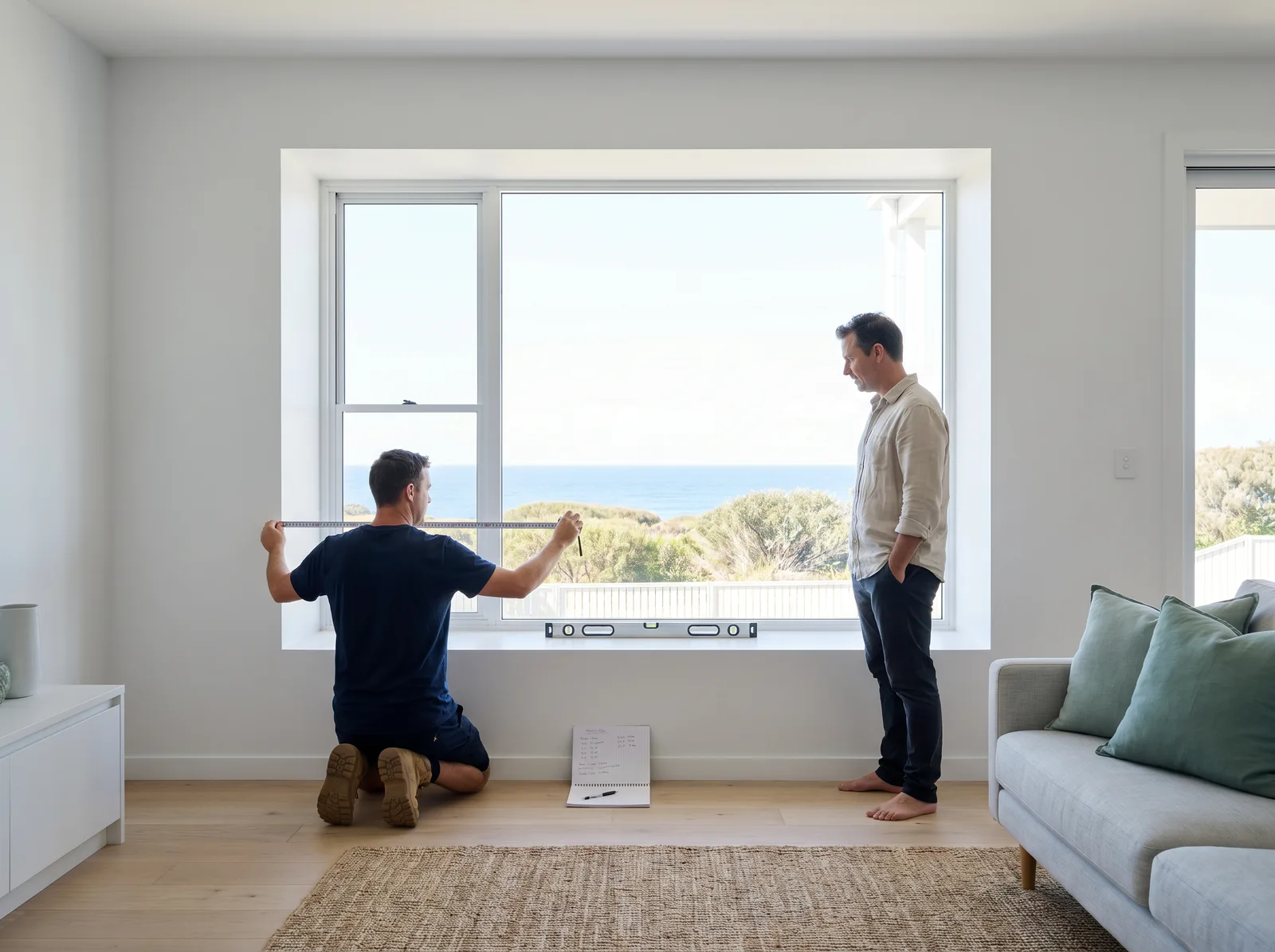 Installer measuring a window reveal with a steel tape while the homeowner looks on