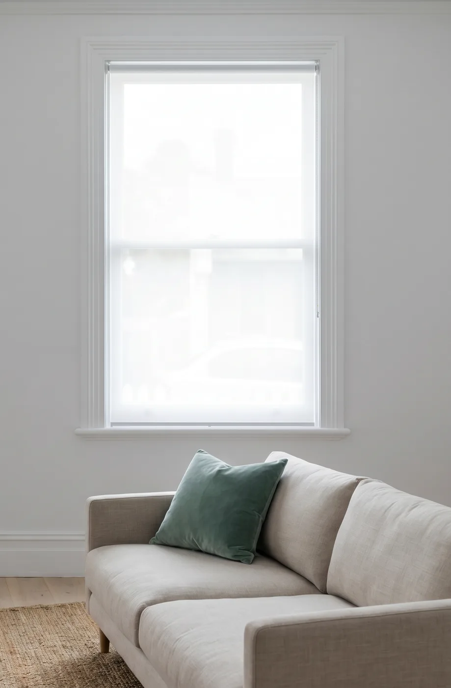 Victorian terrace front room glowing behind a light-filtering blind, the street soft-blurred beyond