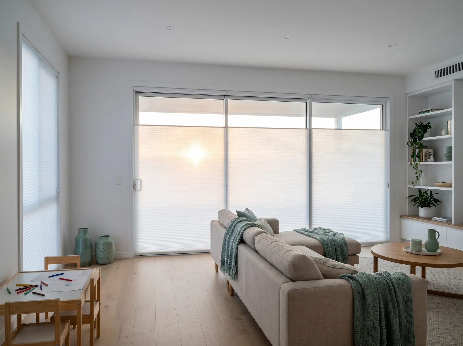 Open-plan family room stays comfortable behind honeycomb blinds while low western sun hits the glass